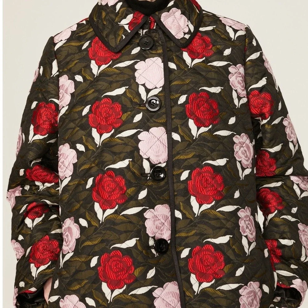 Kate Spade New York Sz XL Quilted Floral Rose Jacket Coat Black Pink Red